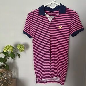 Men’s boys American Eagle pink and navy stripe polo shirt size XS Slim fit